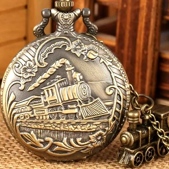 Train Steampunk Pocket Watch Railroad VTG Gold Christmas Birthday Mens Gift NEW